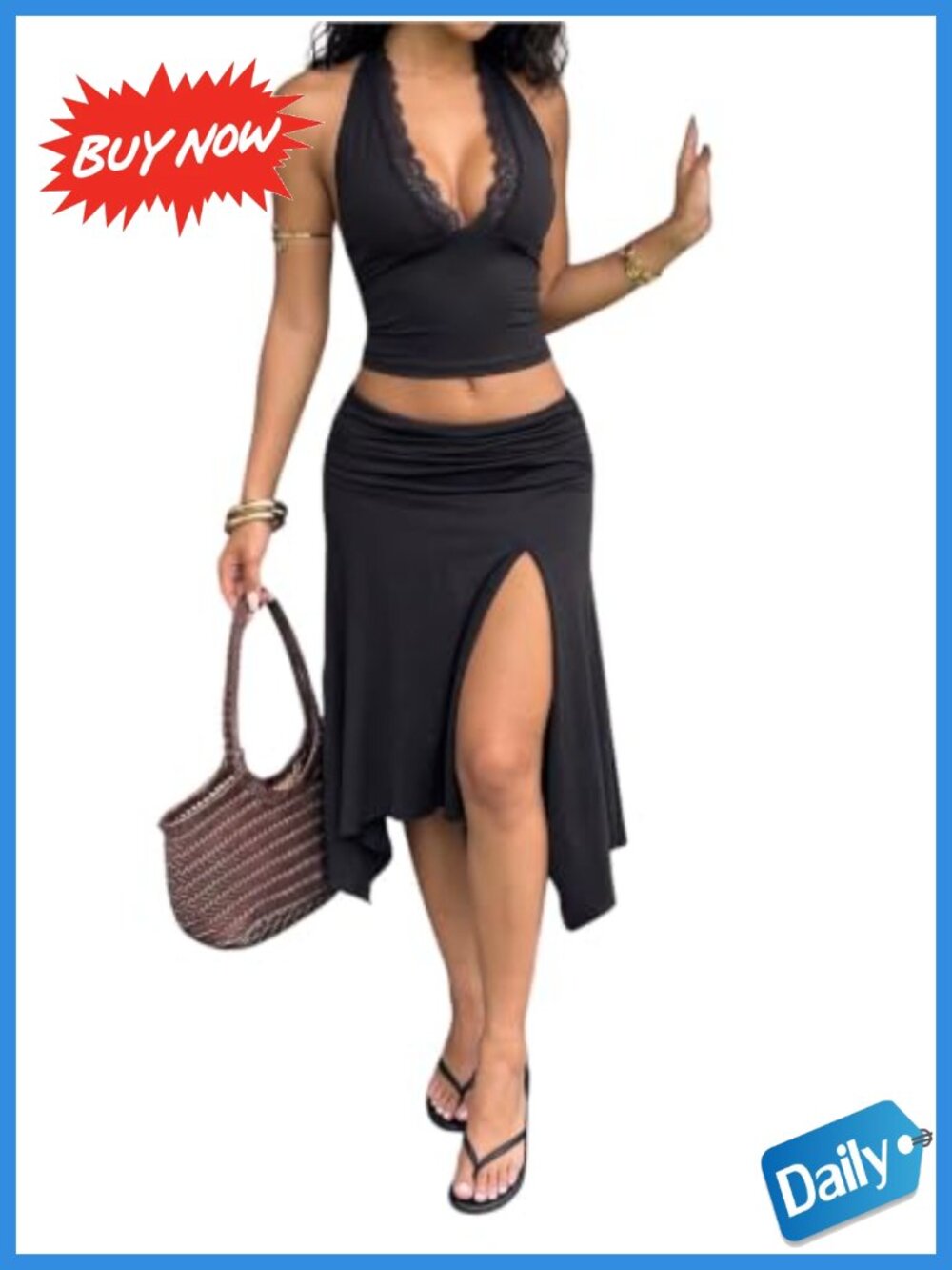 Lace Halter Top & Midi Skirt Set Slim Fit Ruch